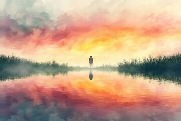 Sticker - Dreamlike Landscape with Figure at Sunset Reflection