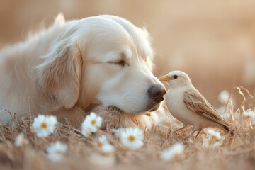 Poster - A Golden Retriever and a White Bird Share a Gentle Moment in a Field of Daisies