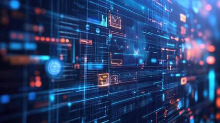 Poster - High-tech digital illustration of business process automation with graphs focused on distribution and consumption analysis