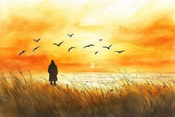 Wall Mural - Serene Sunset with Silhouette and Birds in Flight