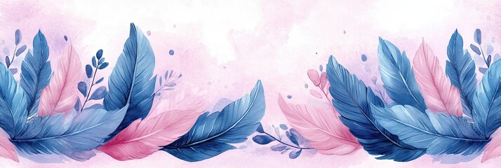 Poster - Soft Watercolor Leaves with Pink and Blue Hues