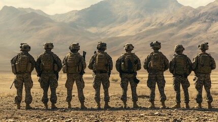 back view of group of soldier in desert area with mountain for military operation during war . Concept of army surveillance intelligence warfare technology