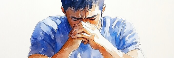 Watercolor Portrait of a Thoughtful Man in Blue Shirt