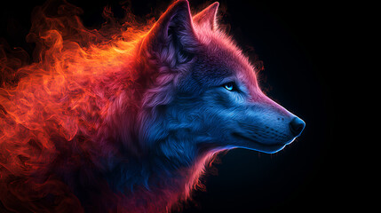 Wall Mural - wolf, the head of a wolf in a multi-colored flame. Abstract multicolored profile portrait of a wolf head on a black background