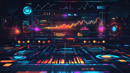 Poster - Illustration of business process automation with digital graphs showcasing distribution analysis in a futuristic environment.