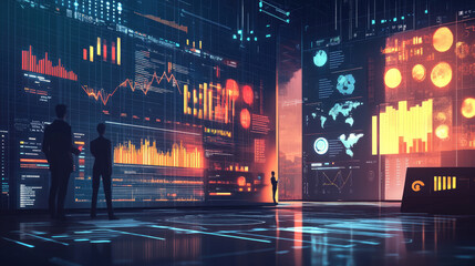 Poster - Illustration of business process automation in a high-tech setting, featuring graphs for analyzing distribution and consumption.