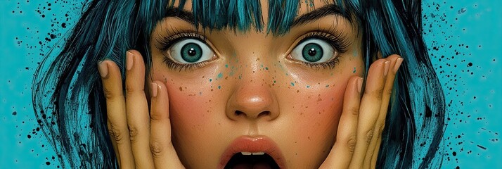 Canvas Print - Surprised Girl with Blue Hair and Wide Eyes