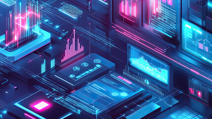 Poster - Illustration of business process automation with digital graphs showcasing distribution analysis in a futuristic environment.