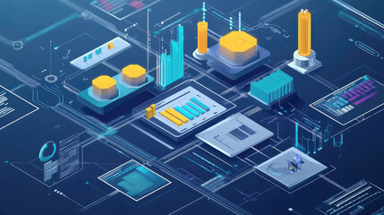 Poster - Illustration showcasing business process automation with high-tech graphs for monitoring distribution and consumption