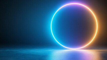 Poster - Template for text : Blue and purple neon glowing glare circle with rays. Frame isolated on black background 