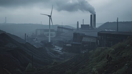 Poster - Old factories and closed coal mines stand alongside wind turbines, representing a shift toward sustainable energy in a bleak environment. Generative AI