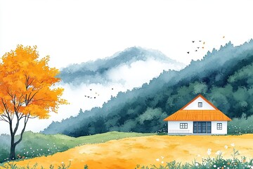 Wall Mural - Watercolor Landscape with House and Autumn Tree