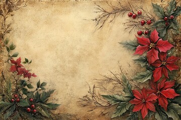 Canvas Print - Vintage Christmas Floral Border with Poinsettias and Berries