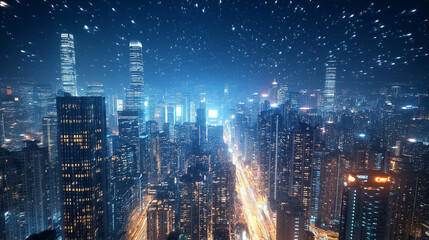 Poster - The picture of the neon night time futuristic cyberpunk scifi metropolis yet bright with neon light that fill everywhere of metropolis and fill with tall building and long roadway at night 