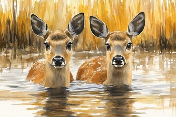 watercolor painting of two swimming fawns