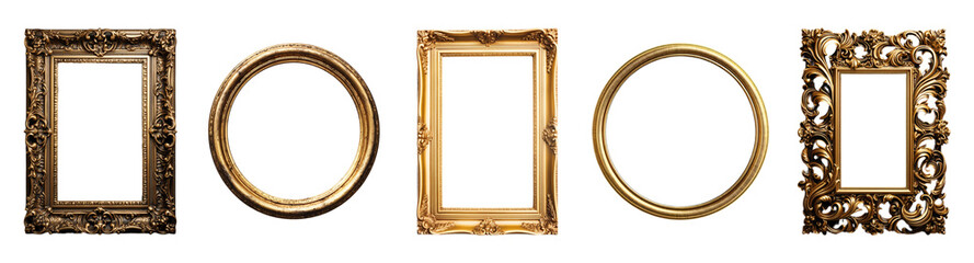 set of gold frames in square and round shapes, isolated on transparent background, generated ai