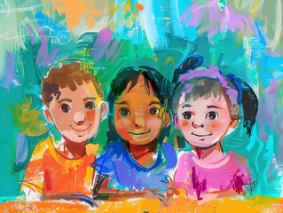 Wall Mural - Smiling Children: A Colorful Portrait of Friendship