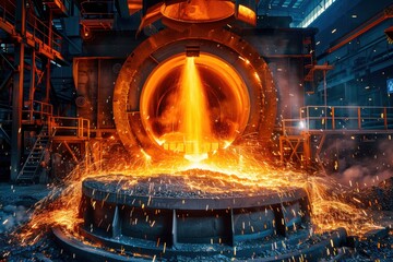 Poster - A dramatic shot of a large induction furnace with glowing metal inside, surrounded by industrial equipment and sparks flying during the pouring process. 