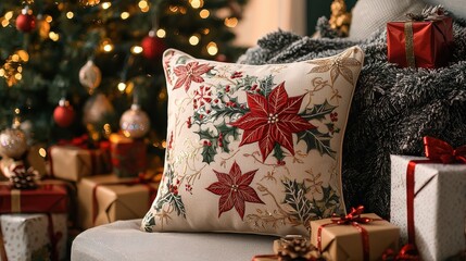 Canvas Print - A decorative holiday pillow featuring a vibrant design rests on a couch surrounded by elegantly wrapped presents. A colorful Christmas tree adds warmth to the cozy living space