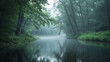 © Intach - Misty morning in a forest with a river running through, the water reflecting the foggy sky
