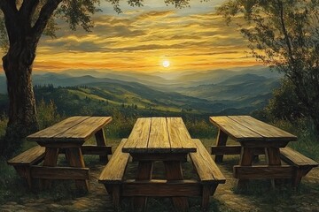 Sticker - Serene Sunset Over Mountainous Picnic Tables