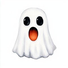 A single cute ghost with a wideopen mouth, watercolor illustration, clipart, isolated on pure white background