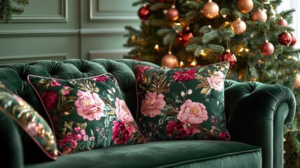 Canvas Print - A beautifully styled living space showcases a dark green velvet sofa adorned with floral cushions