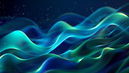 Poster - 3D render of an abstract background with blue and green waves on a dark starry sky.