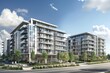 An architectural rendering of two modern apartment buildings side by side