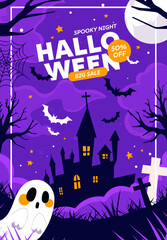 Poster - Halloween background with castle, graveyard and bats. Vector illustration