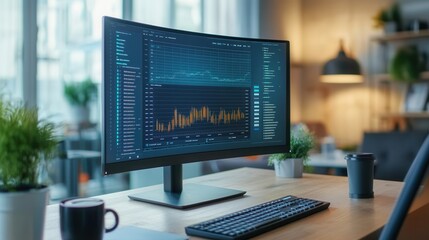 Fototapete - An expert focuses intently on a large computer monitor, analyzing data in a tidy workspace with a notepad and coffee mug at hand. Generative AI