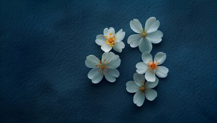 Poster - A few white flowers against a blue background, in a three-dimensional paper-cut style, with a simple and elegant composition