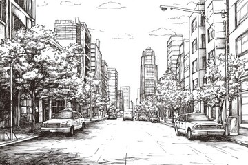 Line art illustration of a city street view on a summer day Black and white pen and ink drawing in sketch style