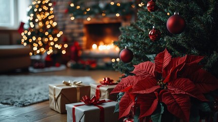 Poster - A warm living area decorated for the holidays, featuring two Christmas trees adorned with lights, a crackling fireplace, and beautifully wrapped presents alongside vibrant poinsettias