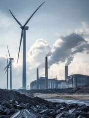 Aufkleber - Wind turbines rise beside decommissioned factories and coal mines, showcasing the transition towards sustainable energy production. Generative AI