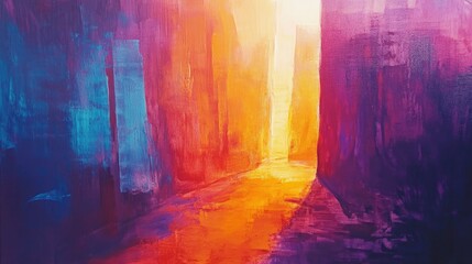 Canvas Print - Abstract Painting of an Alleyway with Colorful Buildings and Light