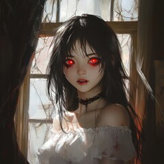 Sticker - A young woman with red eyes and blood on her face looks out a window.