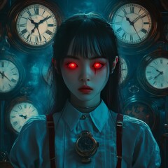 Sticker - A young woman with red eyes stands before a wall of clocks, surrounded by smoke, conveying a sense of mystery and time.