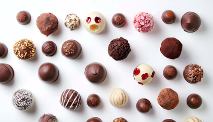 Wall Mural - Many different delicious chocolate truffles on white background, top view