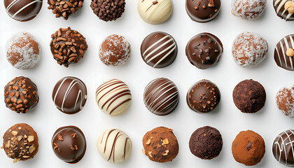 Poster - Many different delicious chocolate truffles on white background, top view