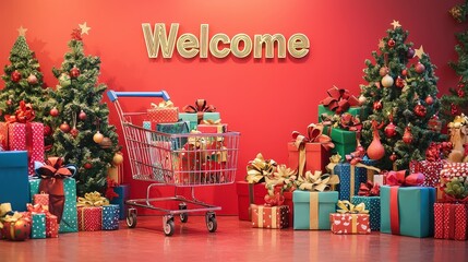 Poster - A vibrant shopping area features a welcoming sign, two large Christmas trees adorned with ornaments, and colorful gift-wrapped boxes surrounding an empty shopping cart ready for holiday purchases