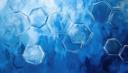 Line art illustration featuring an abstract hexagon design on a blue glass background