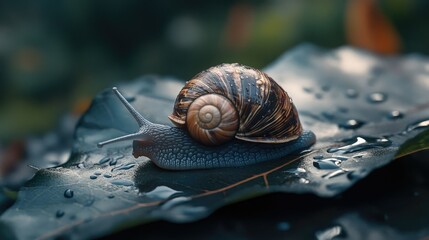 A close-up shot of a snail slowly moving across a wet leaf, highlighting the texture of its shell and the glistening dew.