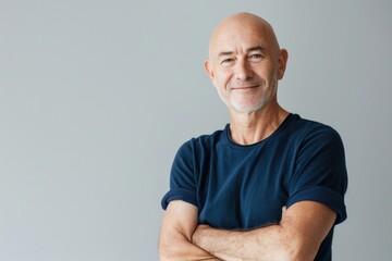 Confident mature man smiling in waist up portrait.