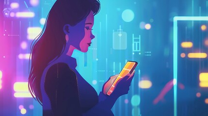 Wall Mural - Woman Looking at a Phone Screen in a Cyberspace Environment