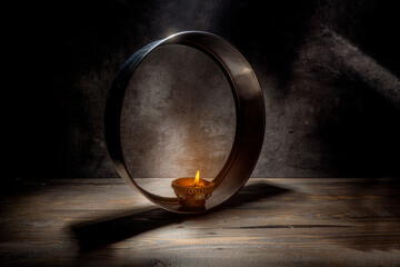 Poster - Diya oil lamp on the sieve. The candle is lit and the light is shining through the mesh