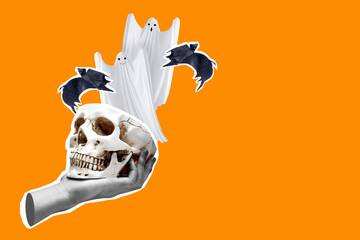 Sticker - A Halloween themed poster with a hand holding a head skull with a ghostly figure