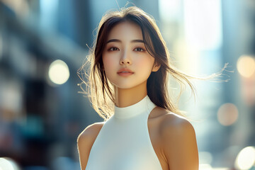 A fashion female asian model with a white dress on blurred background.