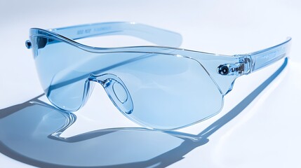 Light blue sports sunglasses, athletic eyewear, translucent frame, clear lenses, aerodynamic design, cycling glasses, modern sportswear, lightweight protective gear.