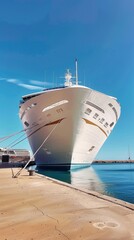 A white ship docks under clear skies on a sunny day, dominating the scene with calm waters, a ladder feature, and a tied rope for secure mooring.